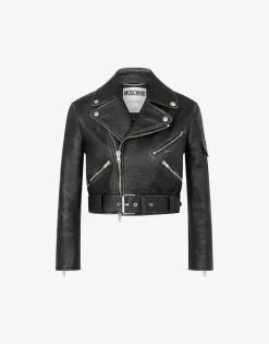 Moschino Cropped biker jacket in heavy nappa leather