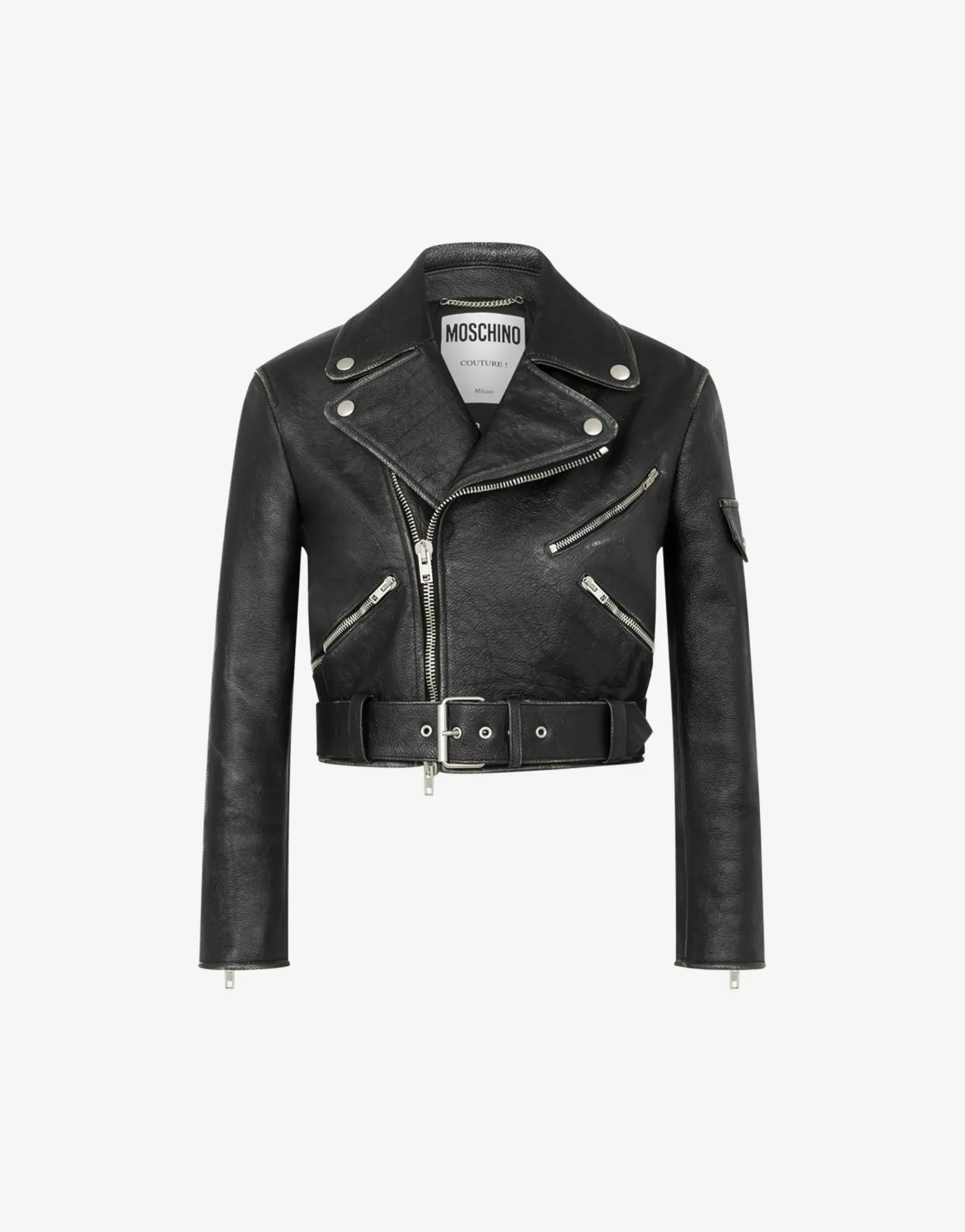 Moschino Cropped biker jacket in heavy nappa leather