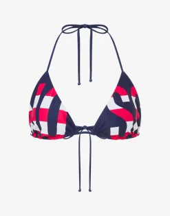 Moschino Striped Lettering Logo Triangle Bikini Top
